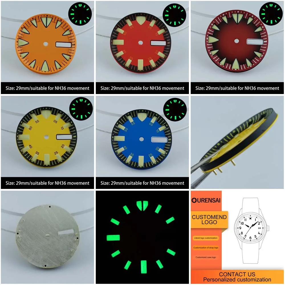 

Double calendar dial with diameter of 29MM, green luminous dial for NH36 watch movement accessories, customized logo