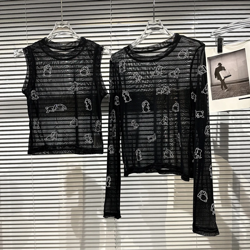 2023 Summer New Fashion Tops Niche Rhinestone Pattern Translucent Mesh Sexy Undershirt Women's Black Short T-shirt
2023 Summer New Fashion Tops Niche Rhinestone Pattern Translucent Mesh Sexy Undershirt Women's Black Short T-shirt