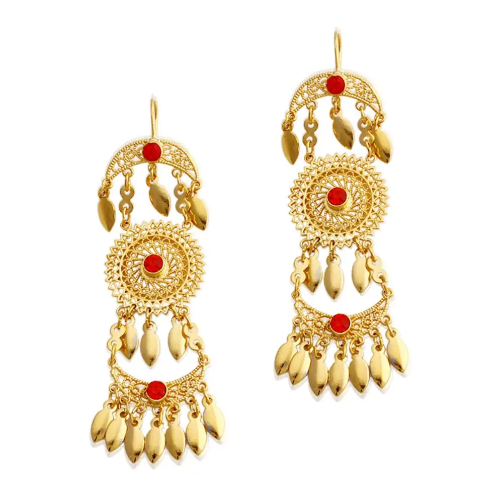 

JH Brand Traditional Wedding Dubai Bohemia Dangle Earring With Red Zircon Vintage Ethnic African Gold Earring Gift Free Shipping