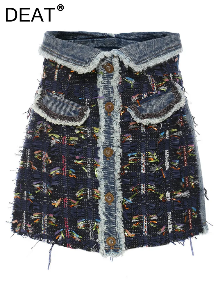 

DEAT Fashion Women Denim Skirt High Waist Spliced Contrast Color Tassel A-line Street Style Mini Skirts Spring 2024 New 17A8419