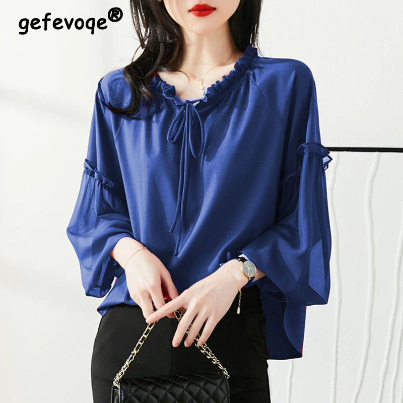 Women Ruffle Lace Up Elegant Chic Blouses Trendy Solid Loose Long Sleeve Shirts Simple Casual Streetwear Sweet Tops Female Ropa
Women Ruffle Lace Up Elegant Chic Blouses Trendy Solid Loose Long Sleeve Shirts Simple Casual Streetwear Sweet Tops Female Ropa