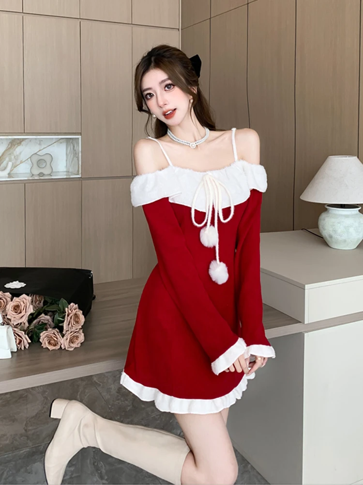 

Женское плюшевое лоскутное красное рождественское платье с вырезом лодочкой осенне-зимнее милое церемониальное мини-платье со шнуровкой и воланом