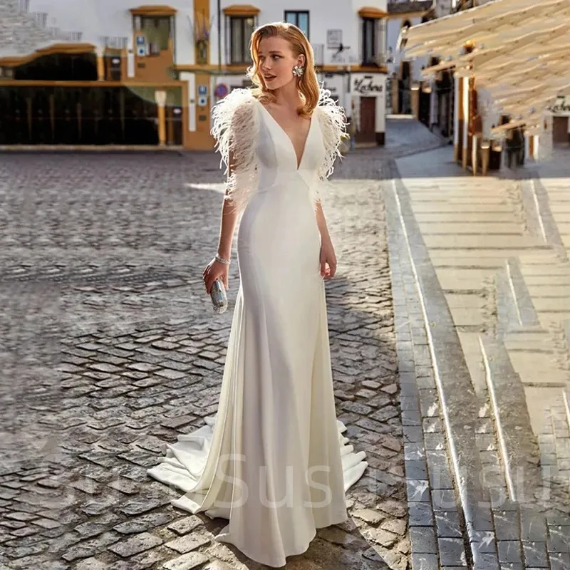 

Feather Mermaid Elegant V-Neck Sleeveless Button Stain Wedding Dresses Tea-Length Vestido De Novia Bridal Gown For Women 2023
