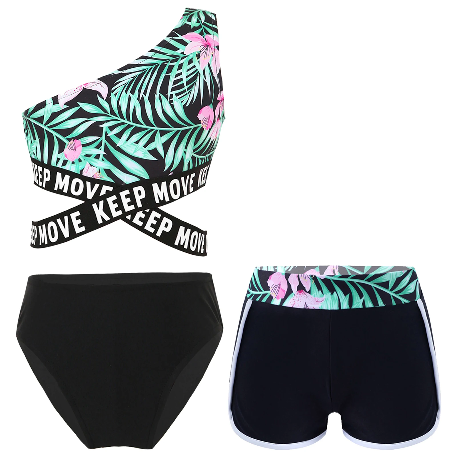 

3pcs Kids Girls Swimwear Set Single Shoulder Criss Cross Waistline Printed Swim Tops with Shorts And Briefs for Bathing Swimming