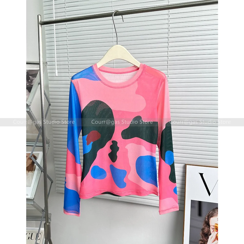 

Niche 24 years summer new Slim and thin round neck pullover mesh printing colour collision design bottoming shirt tops