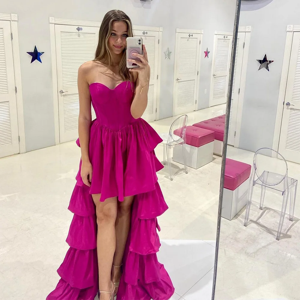 

Sevintage Fuchsia High Low Tiered Ruffles Prom Dresses Sweetheart Evening Gown Graduation Party Dress Pageant Gowns