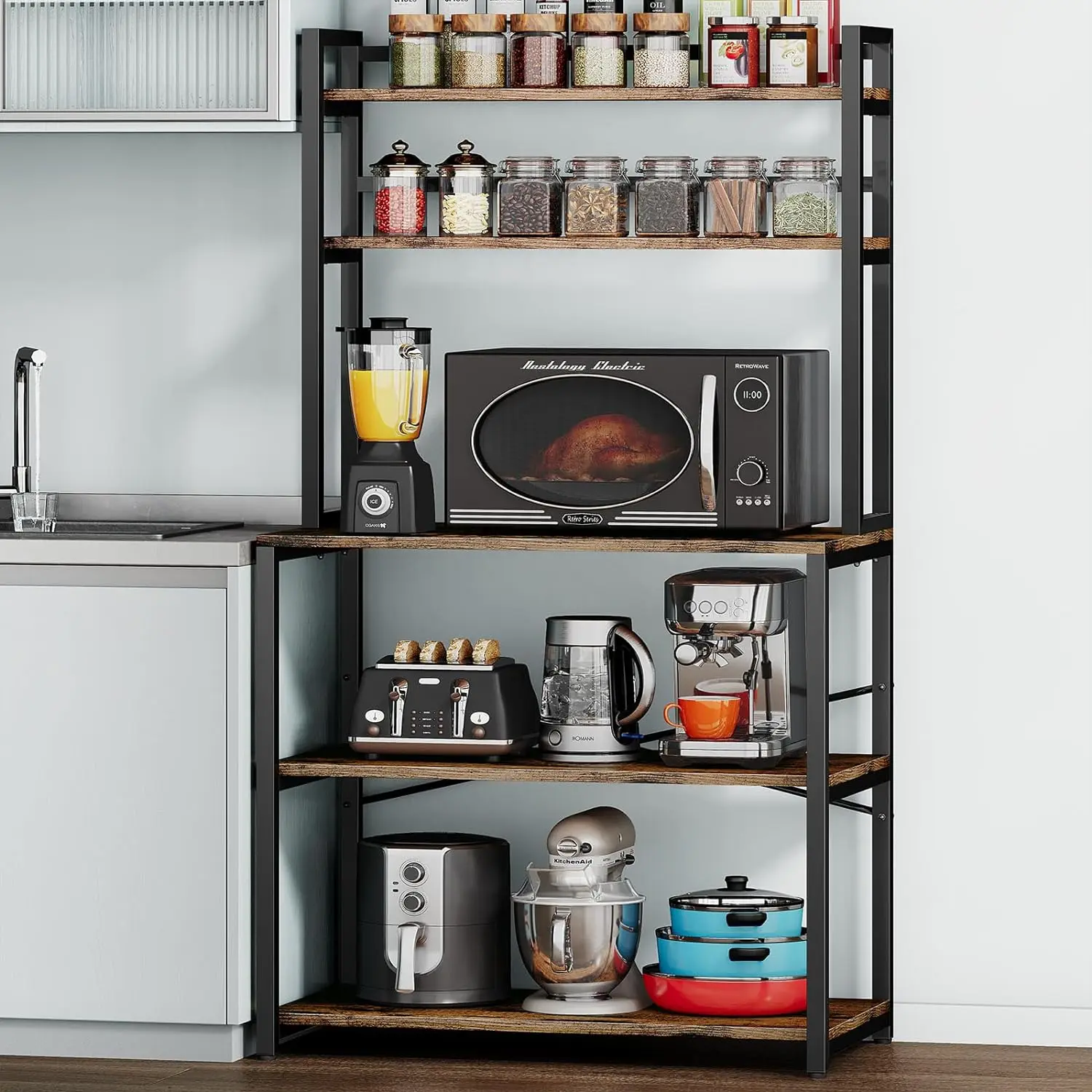Denkee 31.5 Inch Width Bakers Rack for Kitchen, Industrial 5-Tier Microwave Stand with Storage, Freestanding Kitchen Stand
Denkee 31.5 Inch Width Bakers Rack for Kitchen, Industrial 5-Tier Microwave Stand with Storage, Freestanding Kitchen Stand