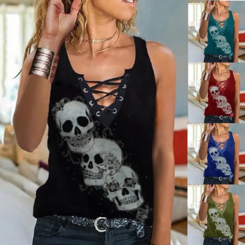 New Women's Vest Sleeveless Blouse Female Tops Solid Color Tank Skull Tee Fashion Casual Buckle V Collar T-Shirts for Summer
New Women's Vest Sleeveless Blouse Female Tops Solid Color Tank Skull Tee Fashion Casual Buckle V Collar T-Shirts for Summer