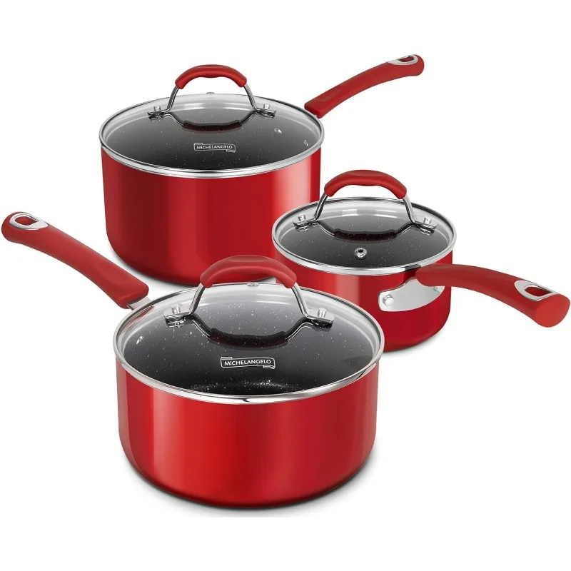 

MICHELANGELO Sauce Pan with Lid, 1Qt & 2Qt & 3Qt Saucepan Set, Enamel Saucepans with Lid, Small Pots with Silicone Handle