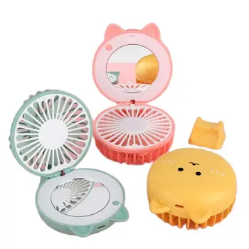 휴대용 LED 조명 팬, 소형 메이크업 미러, 2 in 1 미니 핸드헬드 팬, 만화 USB 충전식 냉각 야외 소형 팬