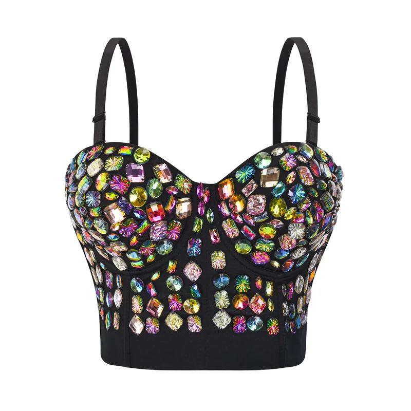 

Black Multicolored Rhinestones Spaghetti Strap Sexy Push Up Bra For Women Luxury Fancy Club Party Wear Gothic Crop Top Bralette