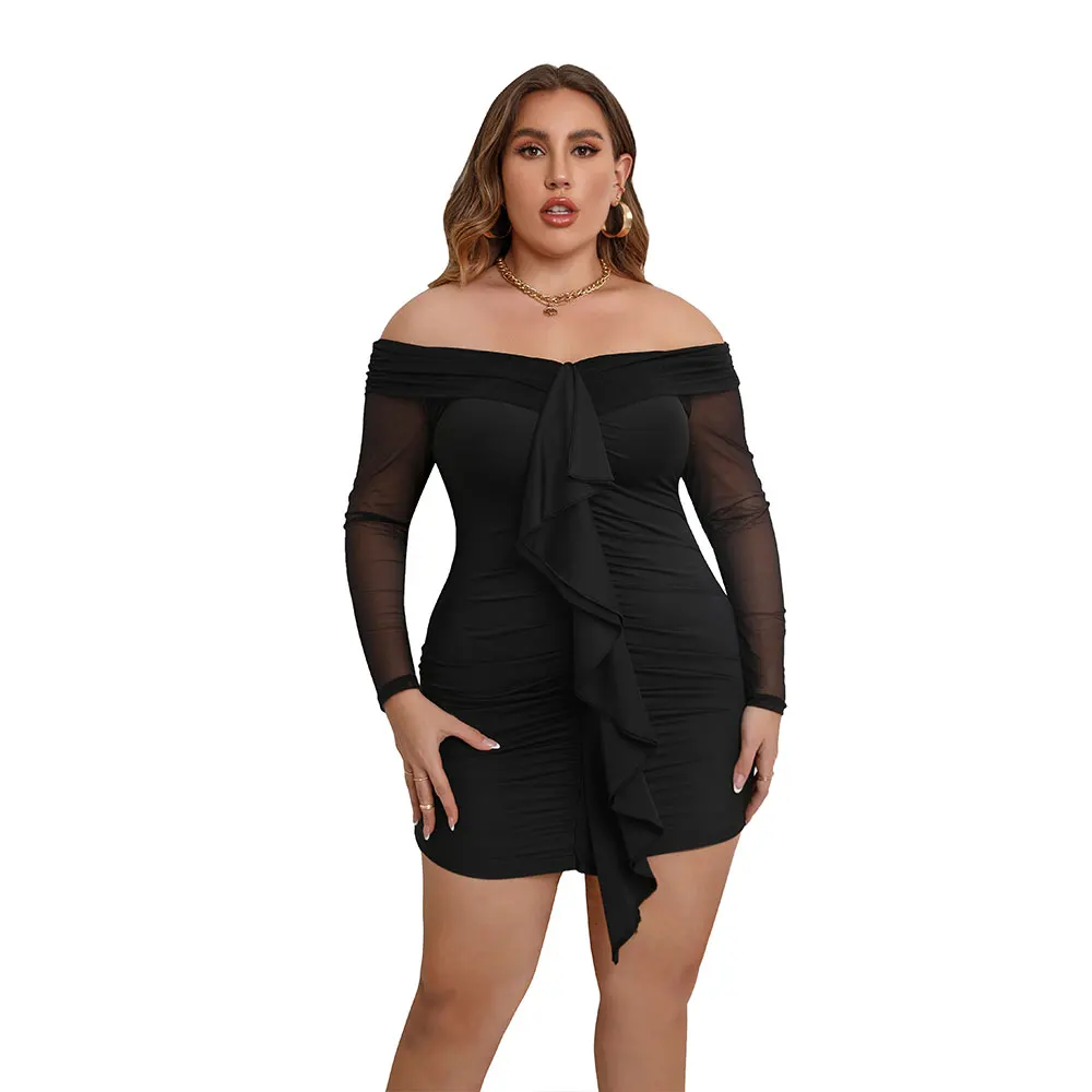 

Plus Size Womens Mesh Long Sleeve Cold Shoulder Mini Dresses Ladies Slim Fit Sundress Party Gown Sexy Cocktail
