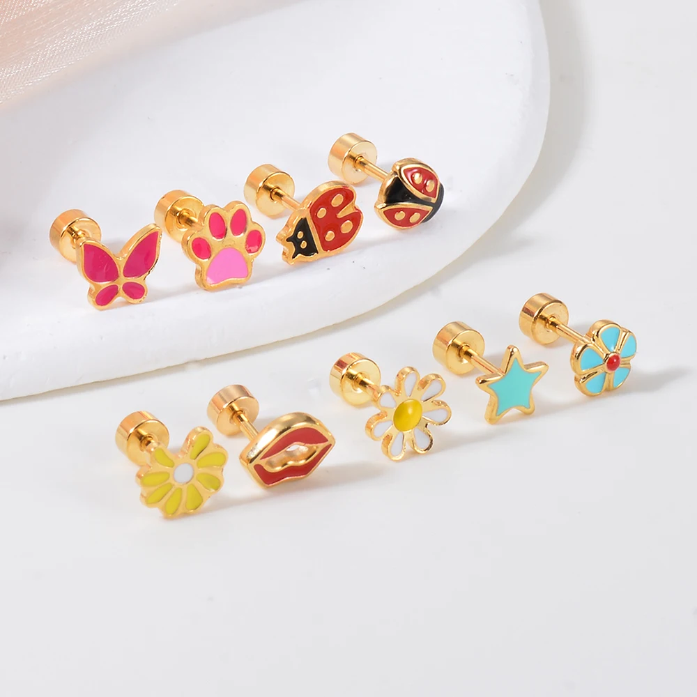 

1Pair Stainless Steel Cute Ear Post Stud Earrings Enamel Daisy Ladybug Butterfly Paw Red Lip Star Earring Girl Jewelry