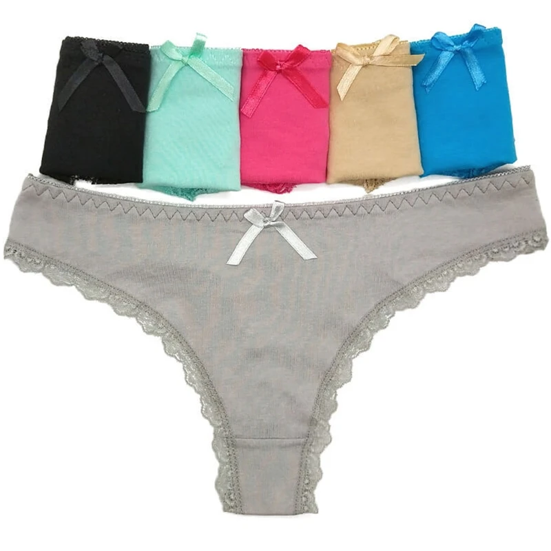 

6Pcs/Set Women Sexy Low Rise Cotton Underwear Solid Color Bowknot Panties Thongs Lace Trim Seamless No Show Hipster 37JB