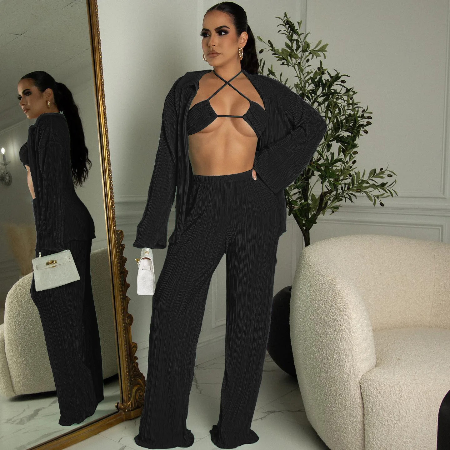 Fall 2022 Women's Three-Piece Halter Top + Bikini Long Sleeve Cardigan And Loose Wide Leg Pant Suit Lady Casual 3-Piece Set
Fall 2022 Women's Three-Piece Halter Top + Bikini Long Sleeve Cardigan And Loose Wide Leg Pant Suit Lady Casual 3-Piece Set