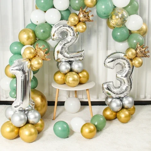 

32inch Silver Crown Number Foil Balloons 1st Birthday Party Decorations Kids Baby Shower Helium Baloon 1-3 Year Birthday Globos