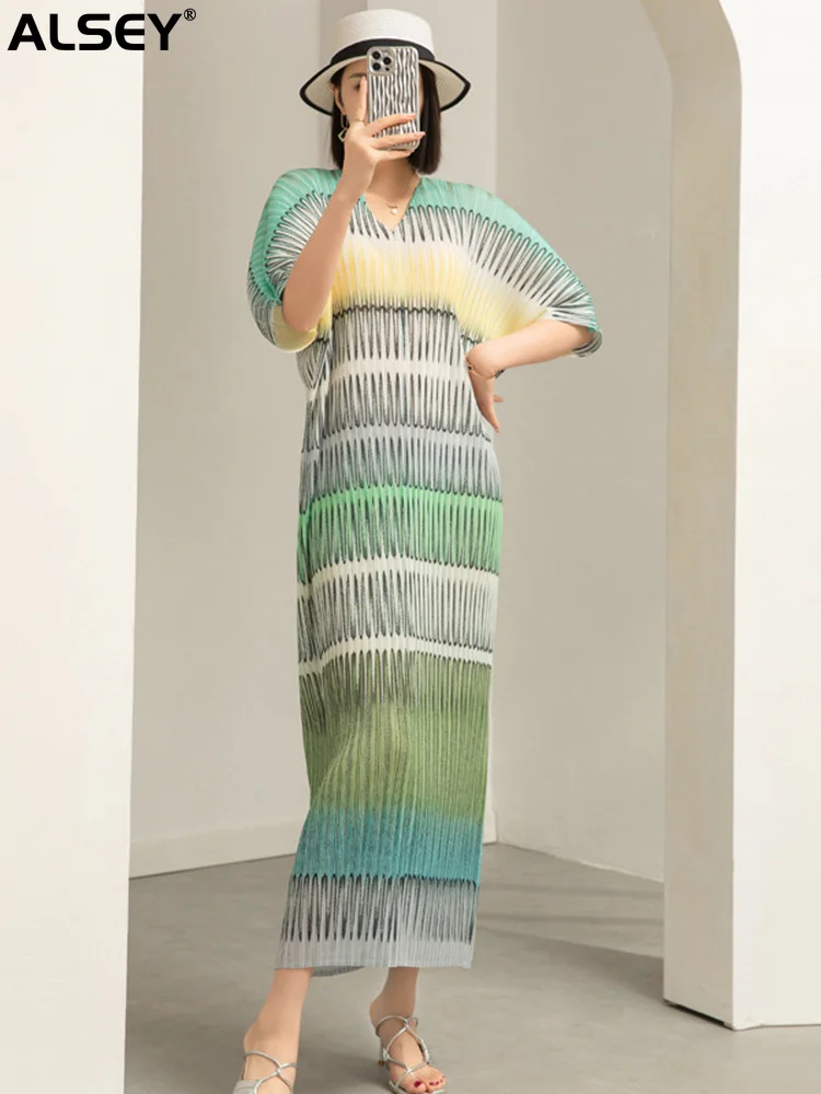 Женское плиссированное платье ALSEY Miyake, длинное платье с рукавом летучая мышь и V-образным вырезом, летняя одежда в полоску контрастных цветов
Женское плиссированное платье ALSEY Miyake, длинное платье с рукавом летучая мышь и V-образным вырезом, летняя одежда в полоску контрастных цветов