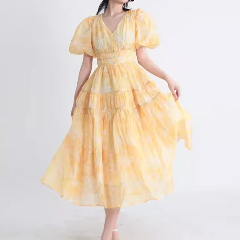 

Yellow Printed Women Dress Vintage Summer Puff Sleeve V-neck Women's Clothing Evening Party Runway Design Fashion Vestido