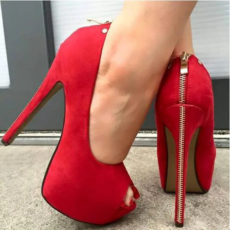 

Drop Shipping Sexy Women Red Black Solid Suede Peep Toe Platform Gold Zipper Back Rivet Super Thin Heels Pumps Party Sandals