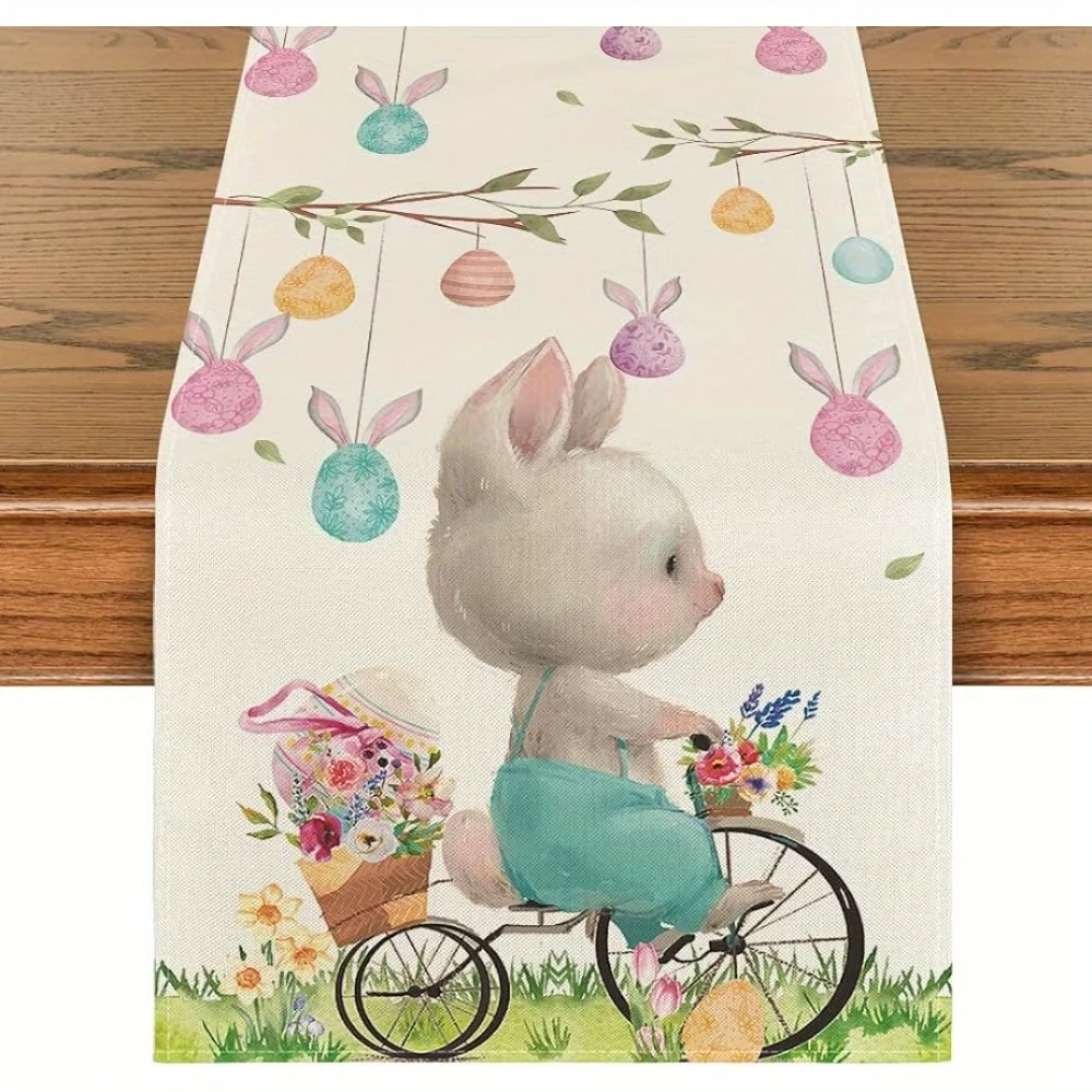 

Bunny Rabbit Bicycle Easter Linen Table Runners Seasonal Spring Summer Flower Holiday Kitchen Dining Table Wedding Party Decor