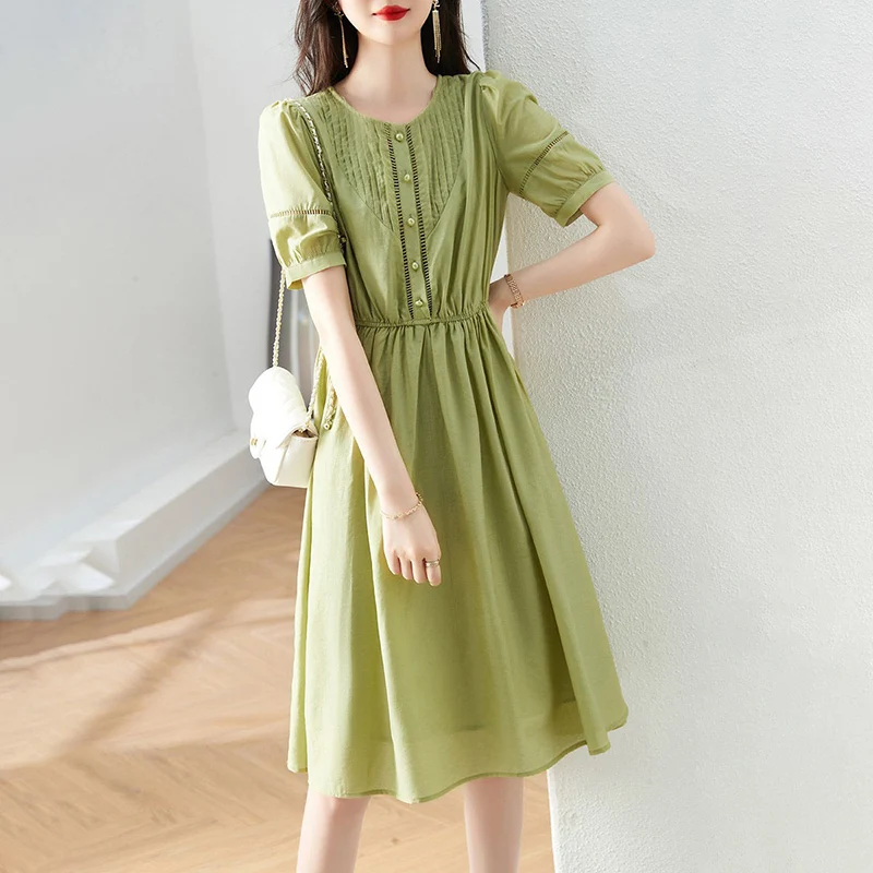 

Elegant O-Neck Shirring Hollow Out Puff Sleeve Midi Dress Women's Clothing 2024 Summer New Loose Office Lady Short Sleeve Dress