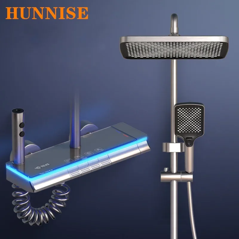 

Ambient Lighting Piano Digital Shower System Hot Cold Bathroom Mixer Faucets Rainfall Shower Head Digital Bathroom Shower Set
