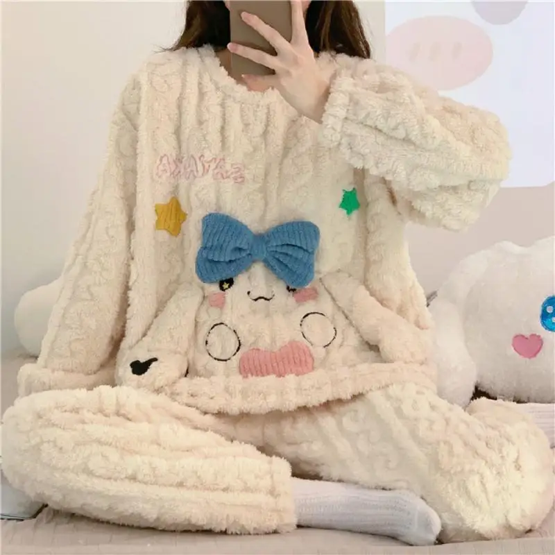 

Sanrios Cartoon Cinnamoroll Pajamas Plush Homewear Kawaii Anime Sleepwear Suit Autumn Winter Girl Cute Thickening Nightwear Gift