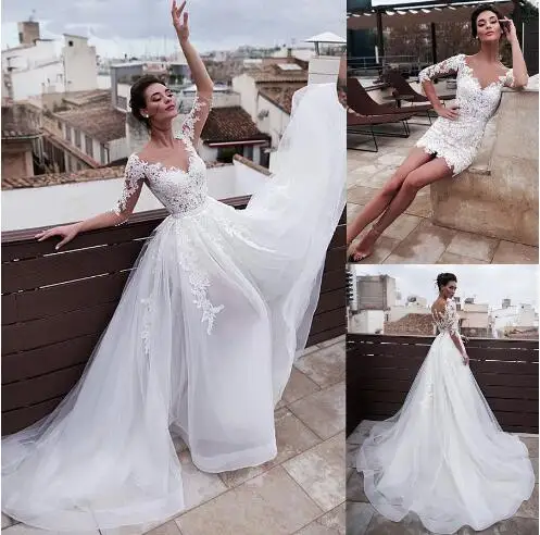 Marvelous Jewel Neckline 2 In 1 Wedding Dresses With Detachable Skirt Lace Appliques 3/4 Sleeves Two Pieces Bridal Gowns 2022
Marvelous Jewel Neckline 2 In 1 Wedding Dresses With Detachable Skirt Lace Appliques 3/4 Sleeves Two Pieces Bridal Gowns 2022