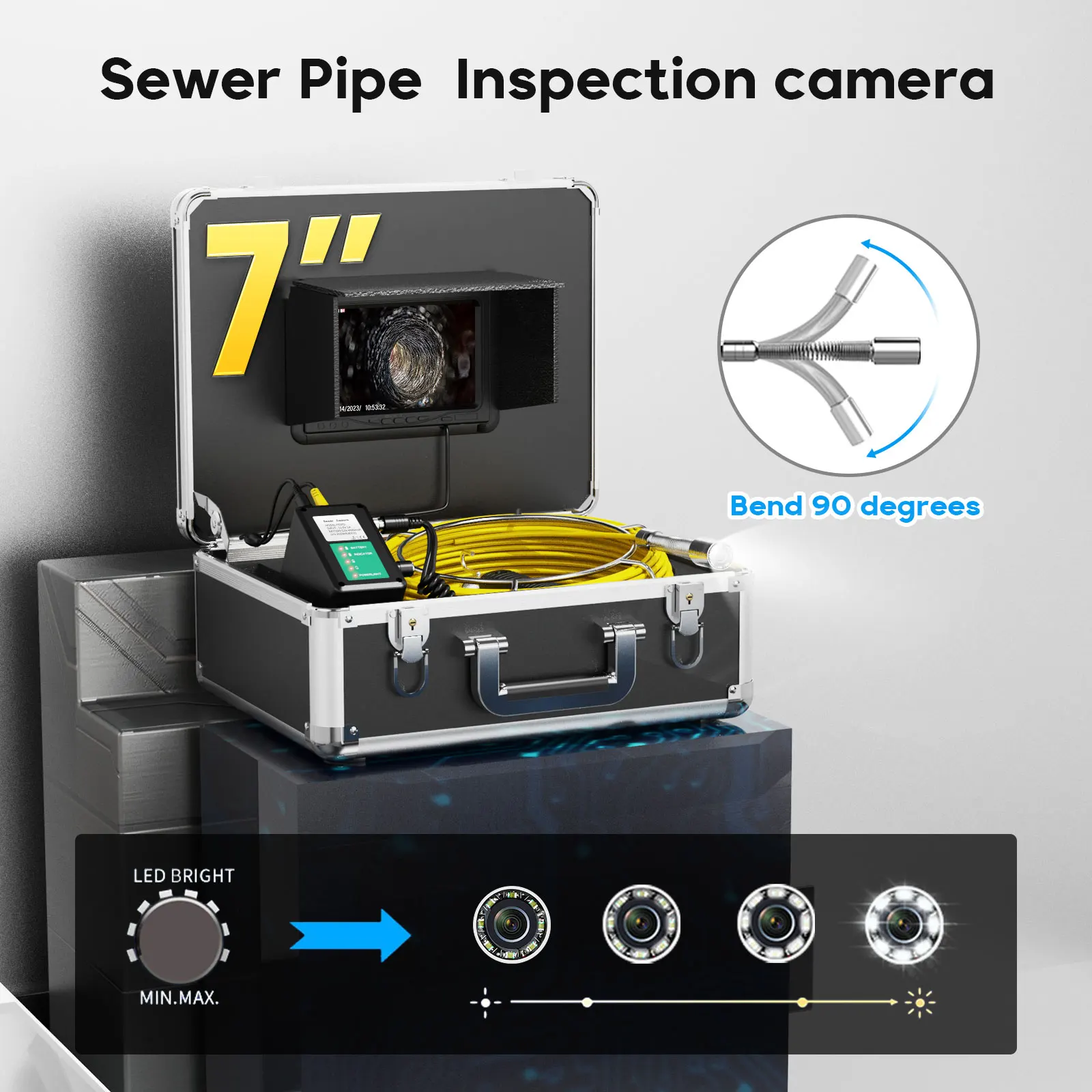 

7" Endoscope Sewer Pipe Inspection Camera with DVR 8GB Video Card Drain Industrial 17MM HD 1000TVL IP68 Borescope 4500MAH 10-50M