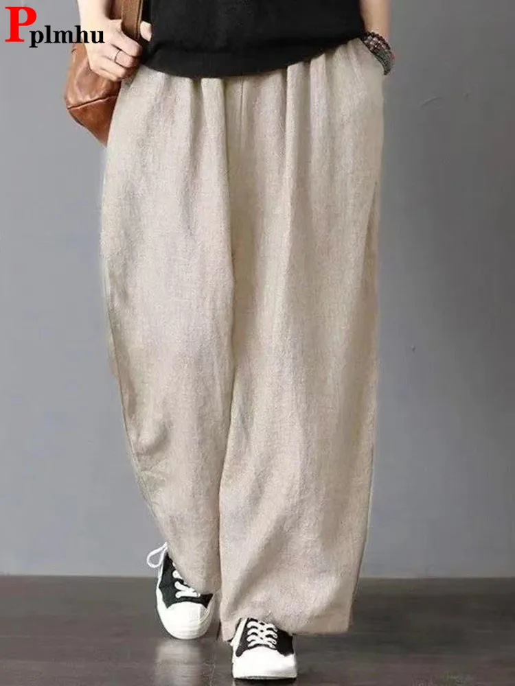 

Oversize 7xl Casual Cotton Linen Bloomers Pants Women Baggy Vintage Harem Trousers Mom's New Fashion High Waist Summer Sweatpant