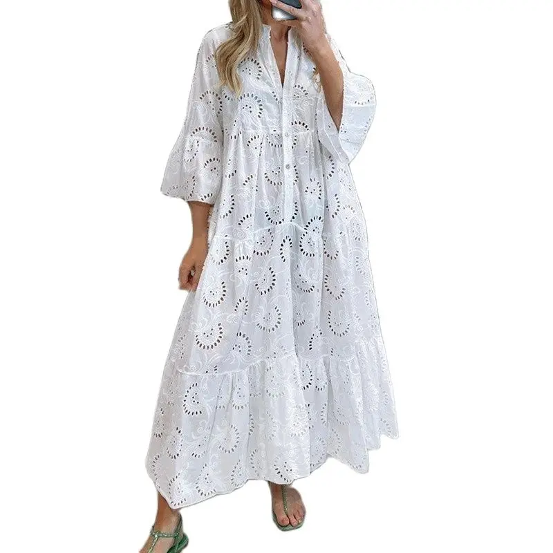 Fashion Loose Embroidered Hollow Flare Sleeve Long Dress Armhole V-neck Solid Color Chic Dresses Pullover Casual Elegant for Wom
Fashion Loose Embroidered Hollow Flare Sleeve Long Dress Armhole V-neck Solid Color Chic Dresses Pullover Casual Elegant for Wom