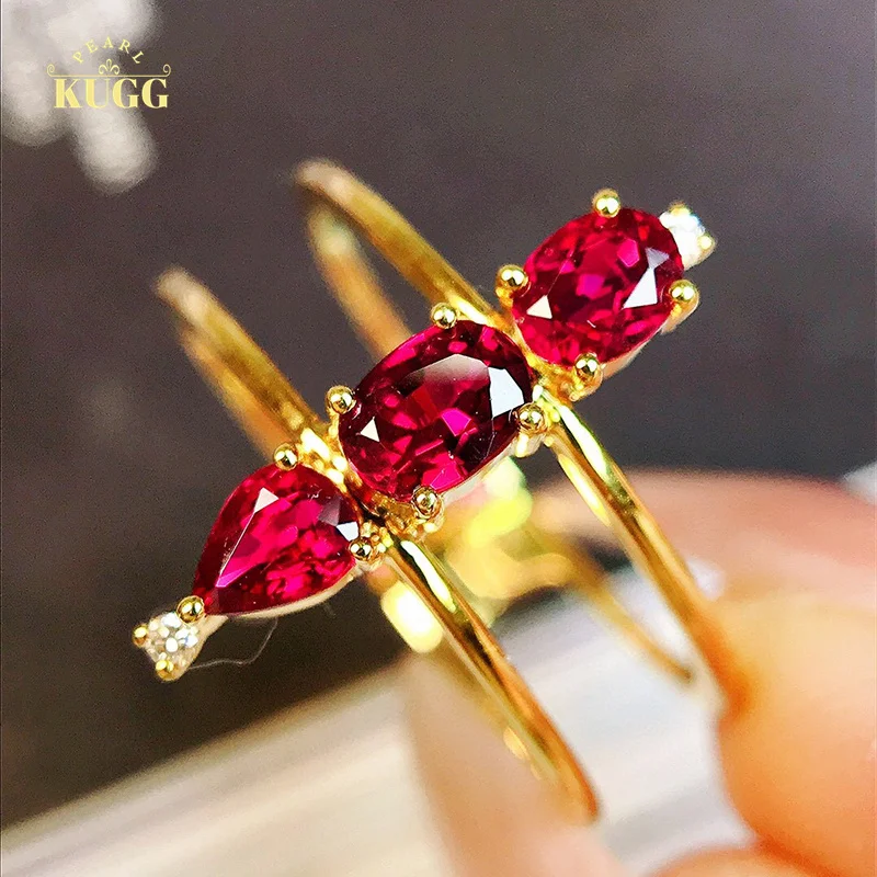 

KUGG 18K Yellow Gold Rings Fashion Mimimal Style Real Natural Ruby Shiny Diamond Gemstone Ring for Women High Party Jewelry