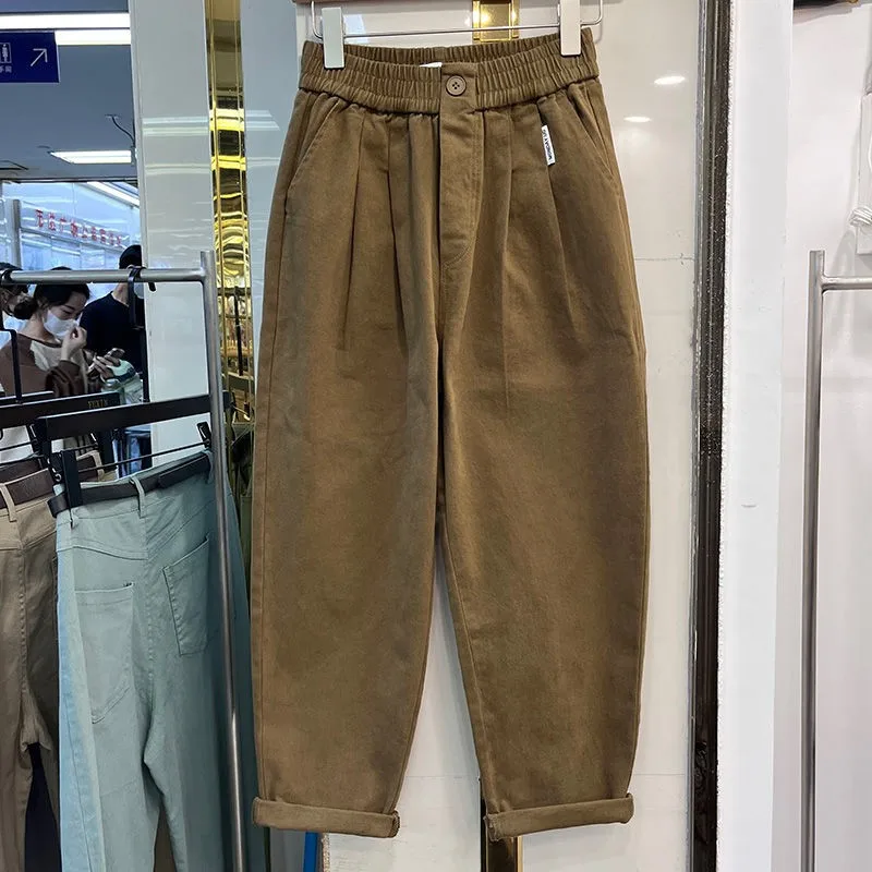 

2023 Spring Autumn Korea Fashion Women Elastic Waist Loose Ankle-length Pants All-matched Casual Solid Cotton Harem Pants P491