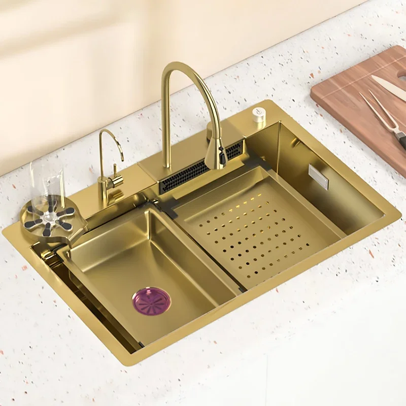 Waterfall Kitchen Sink Gold Nano 304 Stainless Steel Sink Large Single Bowl Modern Multifuctional Washbasin
Waterfall Kitchen Sink Gold Nano 304 Stainless Steel Sink Large Single Bowl Modern Multifuctional Washbasin