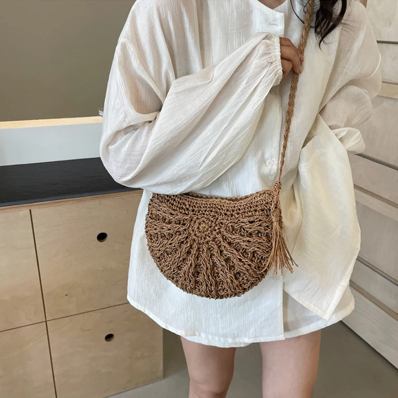 Half Round Rattan Beach Bag - Woven Crossbody with Zipper Closure 12 S6f3e71dcbb5a43879d5debf70bf213f5L