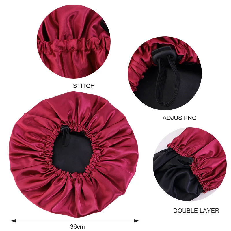 Bonnet en satin pour dormir, bonnet soyeux, grand, double couche, réversible, réglable, bonnet de sommeil utilisé pour le soin des cheveux, vente en gros 5