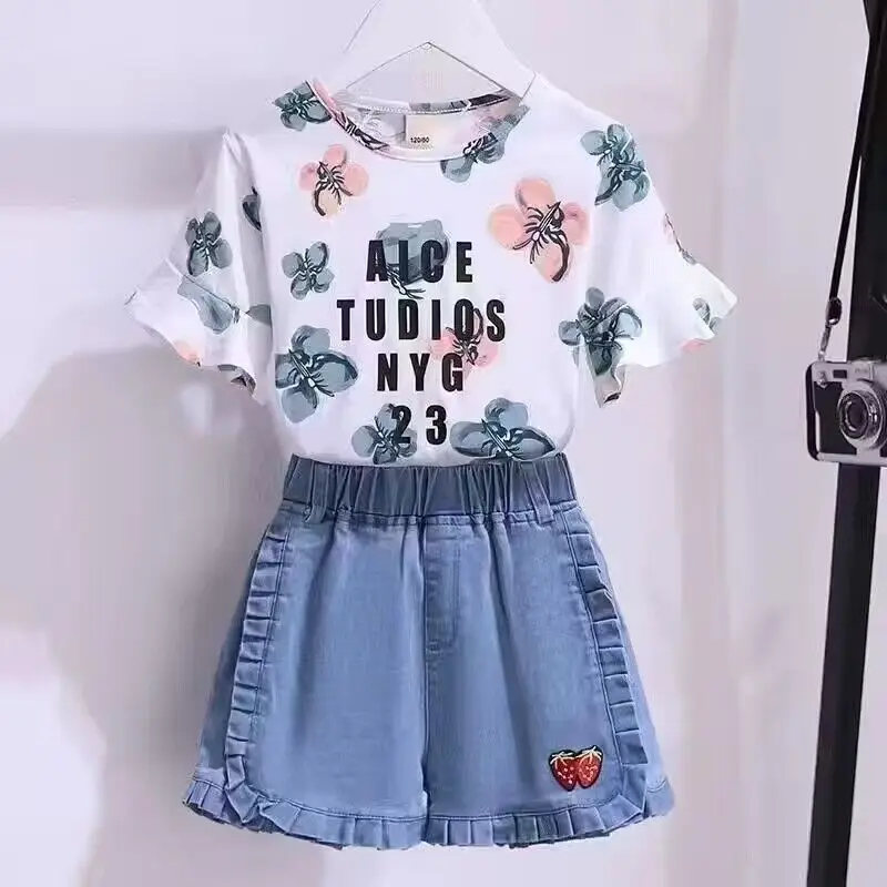 

Girls Clothes Set Summer Flower Shirt +Jean Short Pants 2 PCS Girl Clothing Set for Girls Teen Kids Clothes 8 10 11 12 Years Old