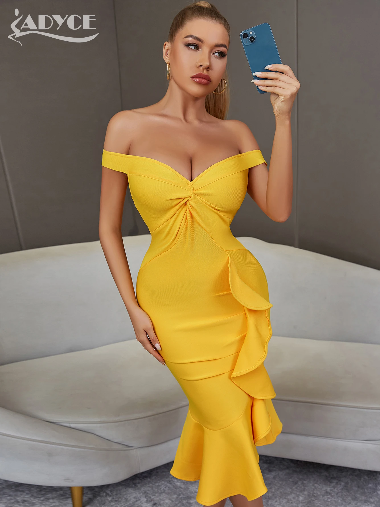 

Adyce New Summer Women Off Shoulder V Neck Mermaid Bandage Dress 2024 Sexy Ruffles Yellow Midi Club Runway Party Femal Dresses