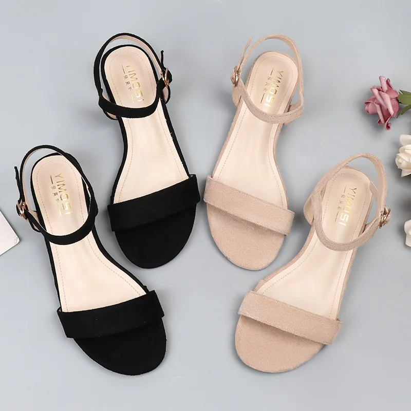

Size 33-43 Summer Fashion Shoes Women 2024 Suede Shoes Square Heel Open Toe Simple Sandals Flat Roman Belt Apricot Comfortable