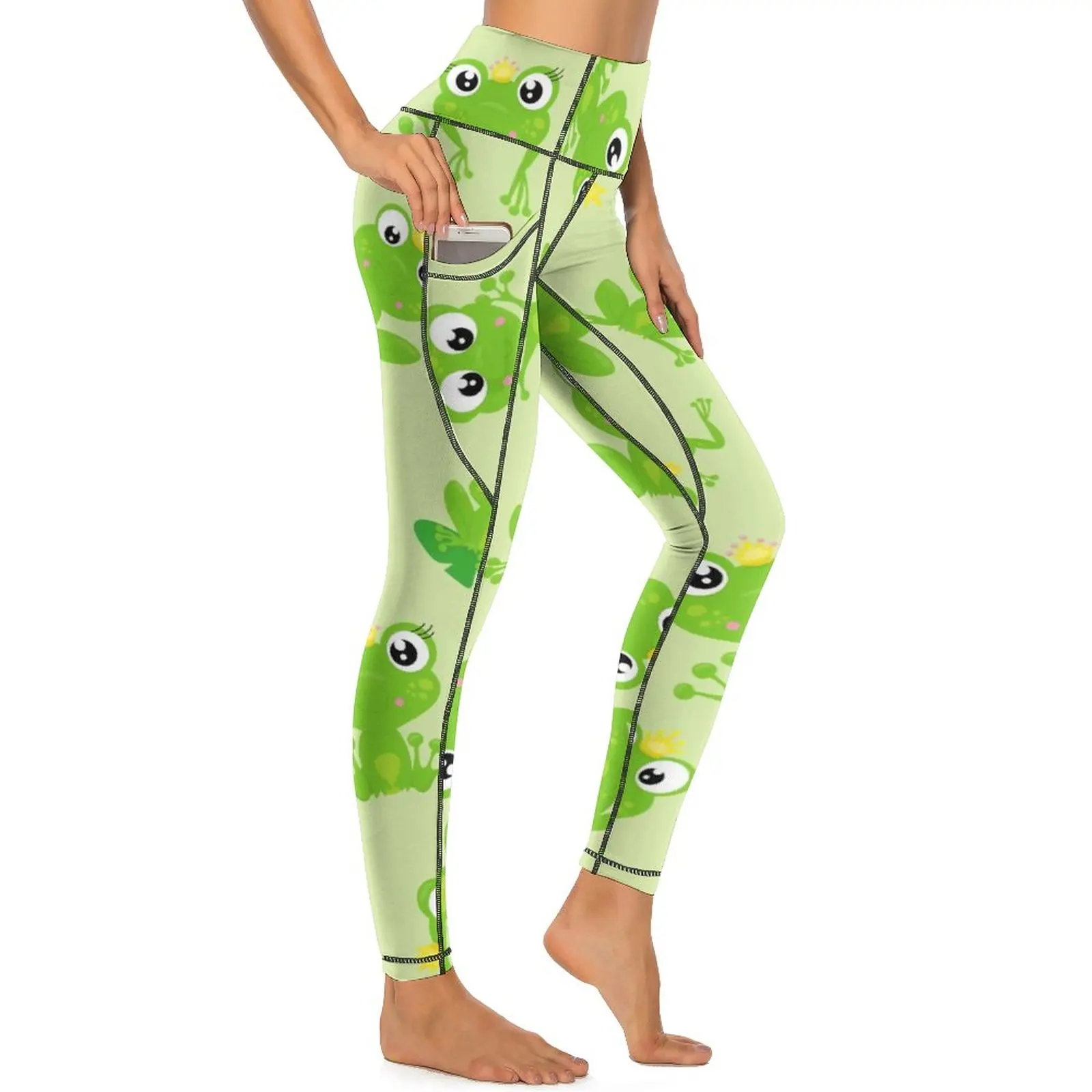 

Frog Prince Leggings Sexy Cute Animal Print High Waist Yoga Pants Elegant Stretch Leggins Pockets Custom Fitness Sports Tights