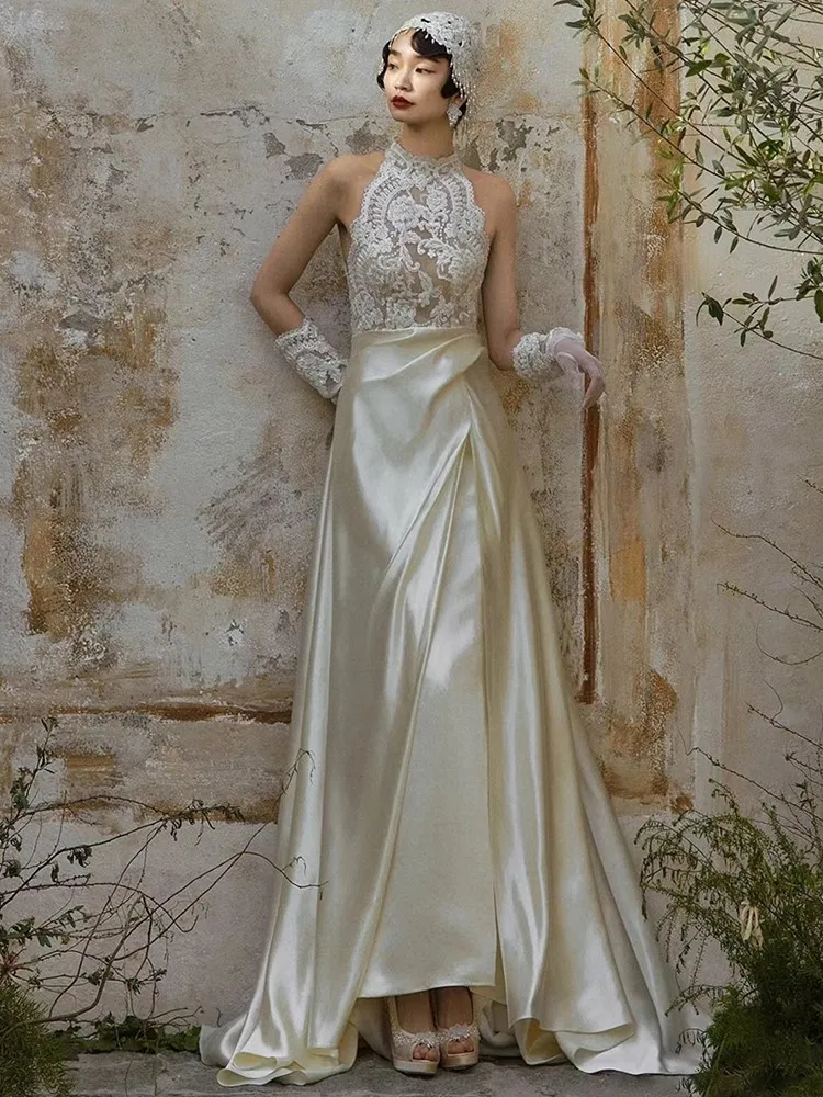 

Свадебное платье в стиле Хепберн, винтажная кружевная Фата для невесты, темпераментная атласная юбка Люкс