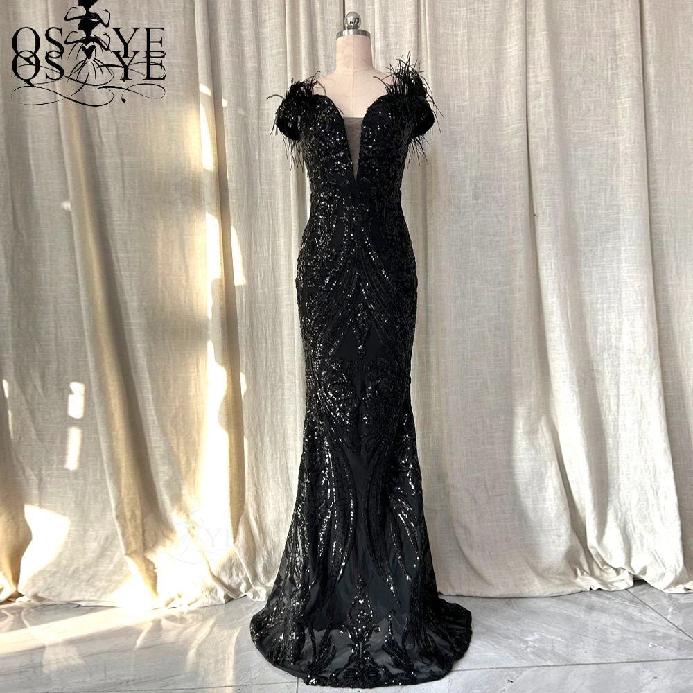 

QSYYE Black Evening Dresses Mermaid Long Prom Gown Glitter Sequin Party Feather Sweetheart Black Formal Gown Sparkle Woman Dress