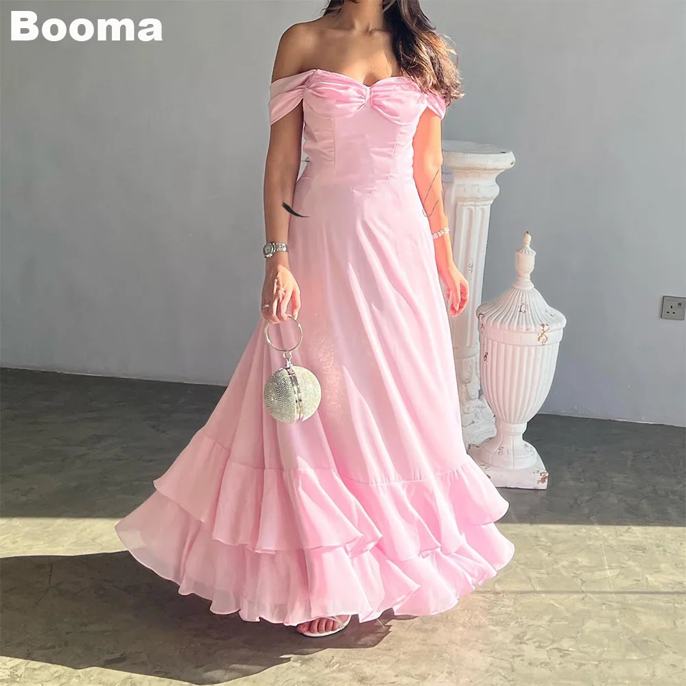 

Booma Pink A-Line Prom Dresses Off Shoulder Sweetheart Tiered Chiffon Formal Party Gowns for Women Ankle Length Evening Dress