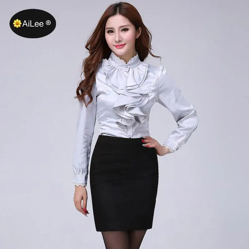 

Stand Collar Ruffle blouse women shirt temperament fashion formal long sleeve blouse camiseta mujer office Big size ladies tops