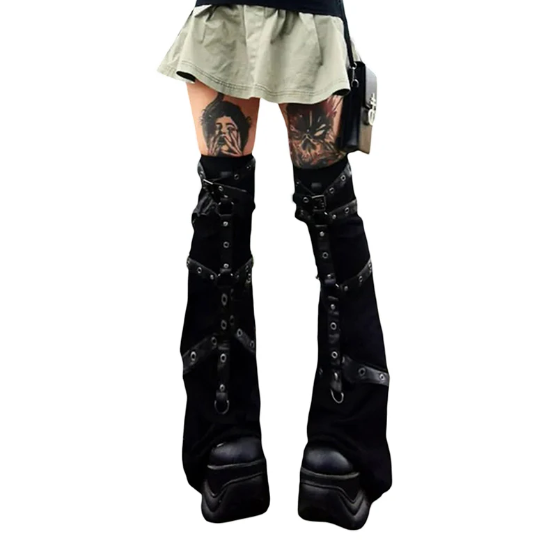 

Fall Winter Black Metal Buckle Leg Warmers Knitted Punk Style Ankle Leg Warmer y2k High Knee Legging Boot Socks Thigh High Socks