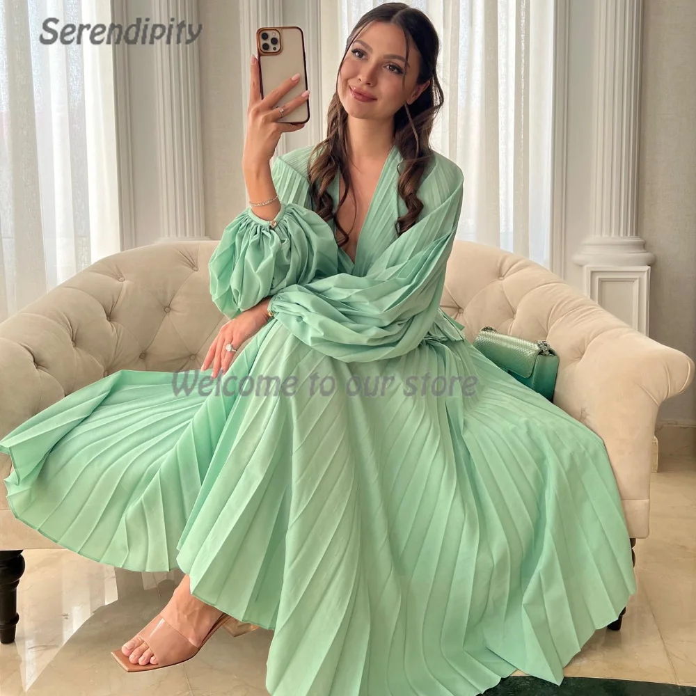 

Serendipity Simple Evening Dress V-Neck فساتين سهرة A-Line Elegant Pleat Full Sleeve Green Prom Gown For Sexy Women 2024