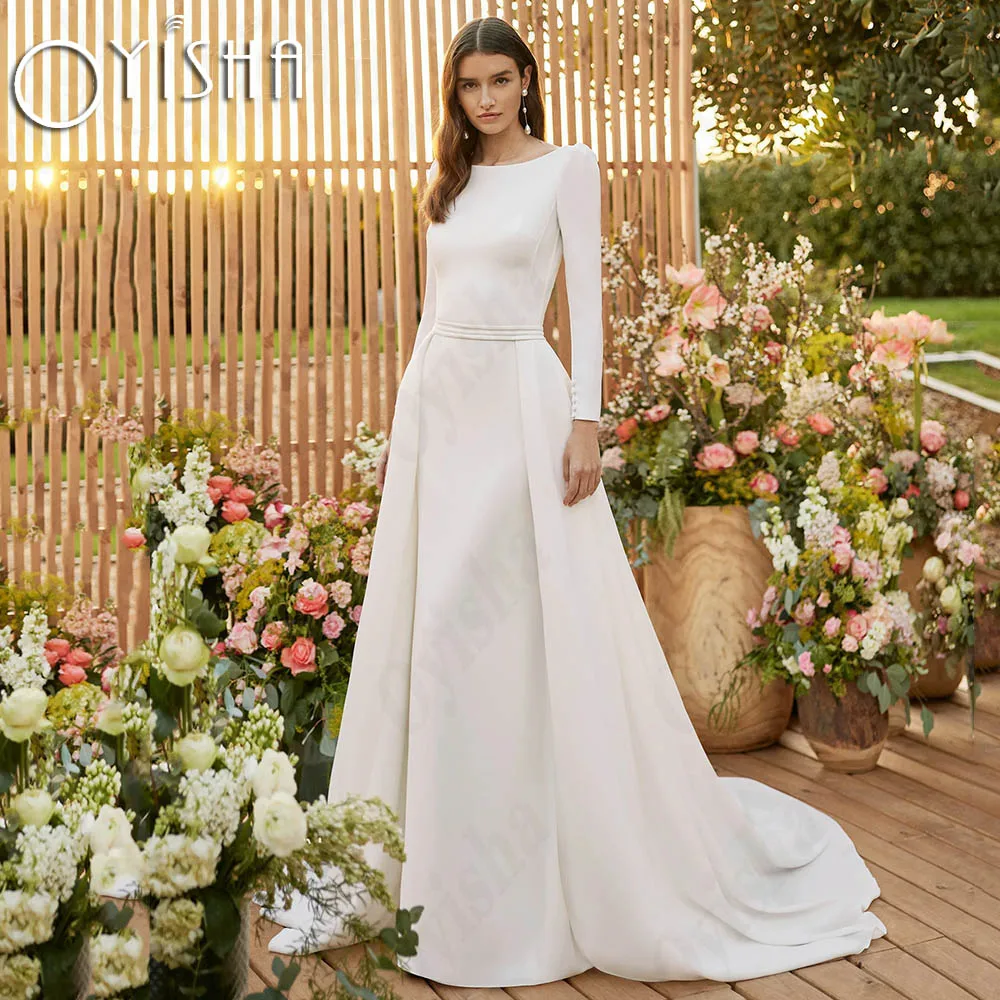 

OYISHA Detachable Train Wedding Dress 2024 Bride Long Sleeves Mermaid Backless Bridal Gown Elegant Scoop Neck robe de mariée