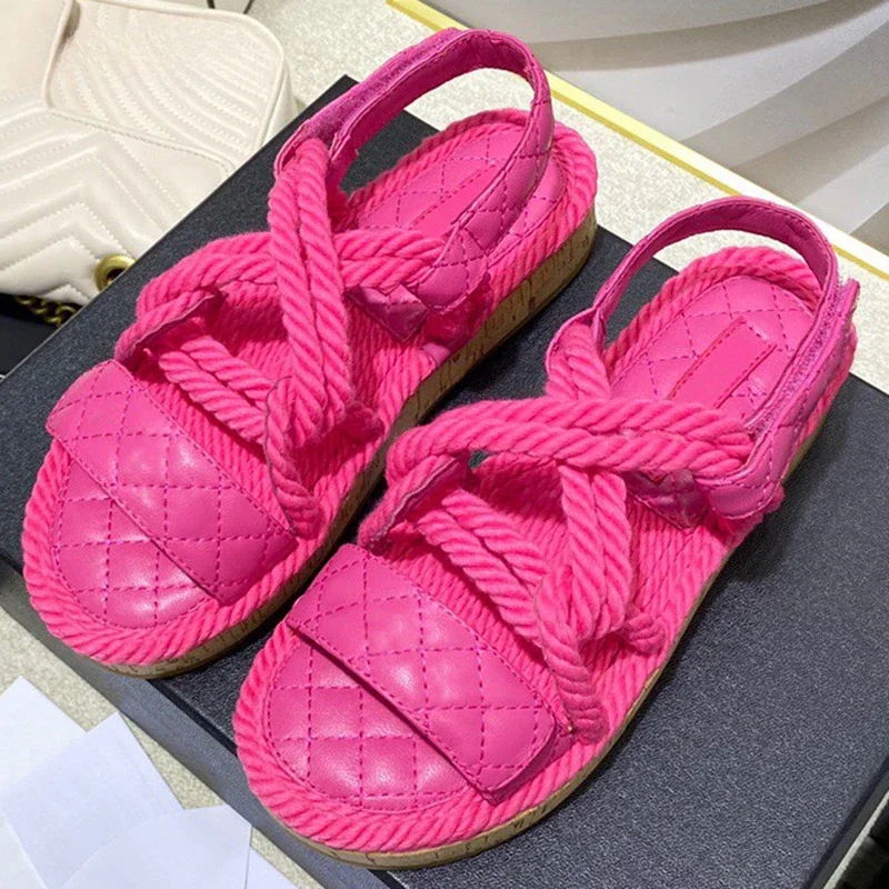 

Summer Thick Sole Sandals Women's Peep Toe Hook＆Loop Beach Flat Shoes Hemp Rope Weaving Mixed Colors Office Lady Casual Slippers