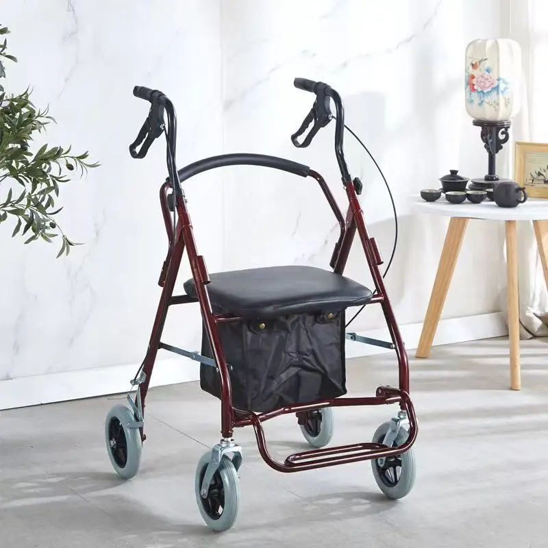 

Double Hand Brake Elderly Walker with Wheels Foldable Shopping Cart Trolley Rehabilitation Mobility Aids Walking Stick Can Seat