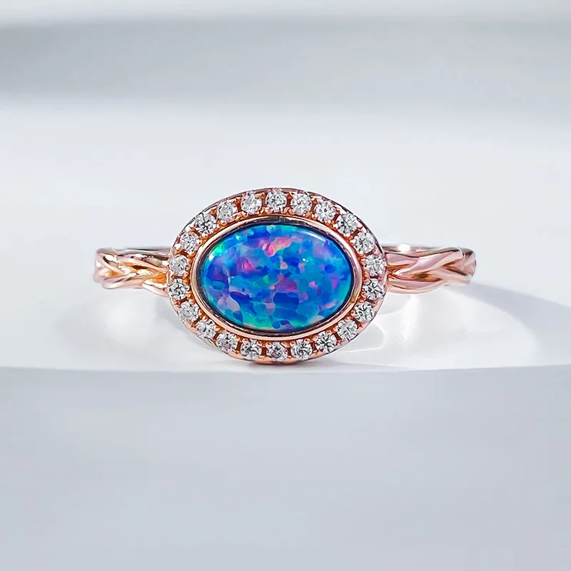 

New 925 Silver Rose Gold Inlaid One Carat Australian Treasure Blue Purple Ring for Female Live Streaming Little Red Book